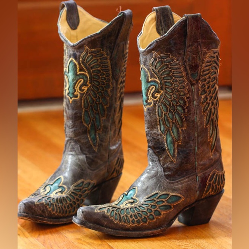 Corral Fleur De Lis Boots R2337 Gray Distressed Turquoise Womens Boots Size 7 M
